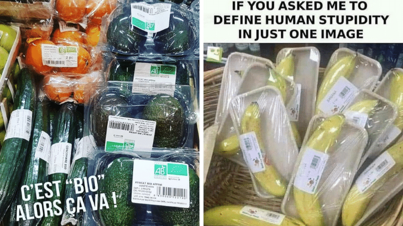 emballage plastique bête bêtise nature environnement suremballage produit alimentaire