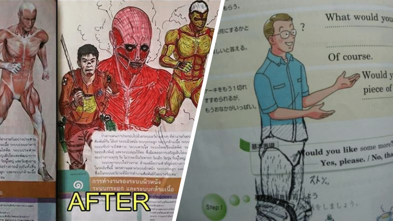 manuels scolaires livres actes de vandalisme japonais élèves écoliers étudiants asiatiques dessins